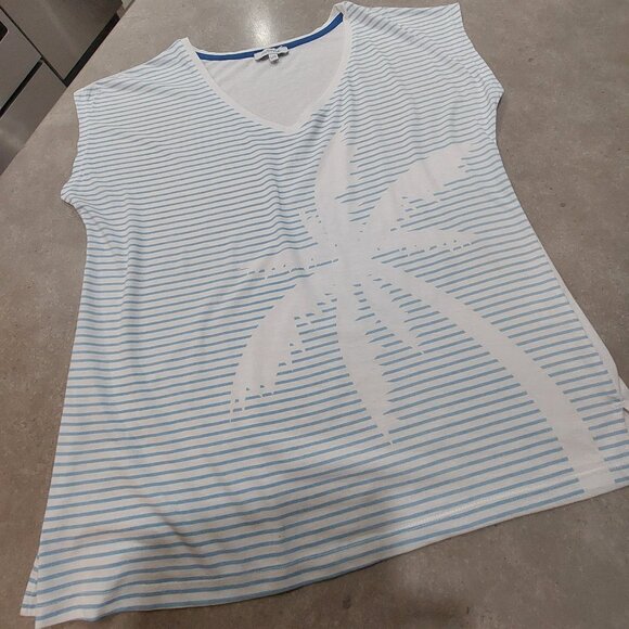 mySTYLE Women's Blue/White Stripe w/Palm Tree Print Cap Sleeves Top - Large - Picture 1 of 10